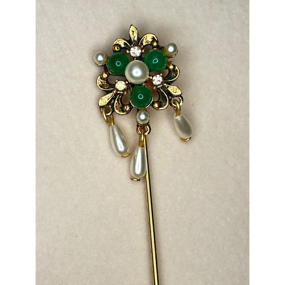 Vintage 1960s Victorian Revival Stick Pin Art Pepper Green Pearl Dangles